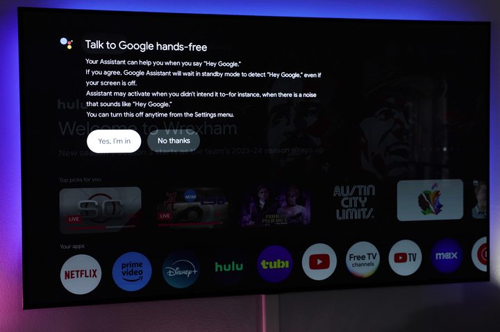 The setup screen for hands-free voice control on the Onn 4K Pro.