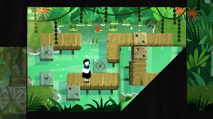 A character walks on wooden planks in Paper Trail.