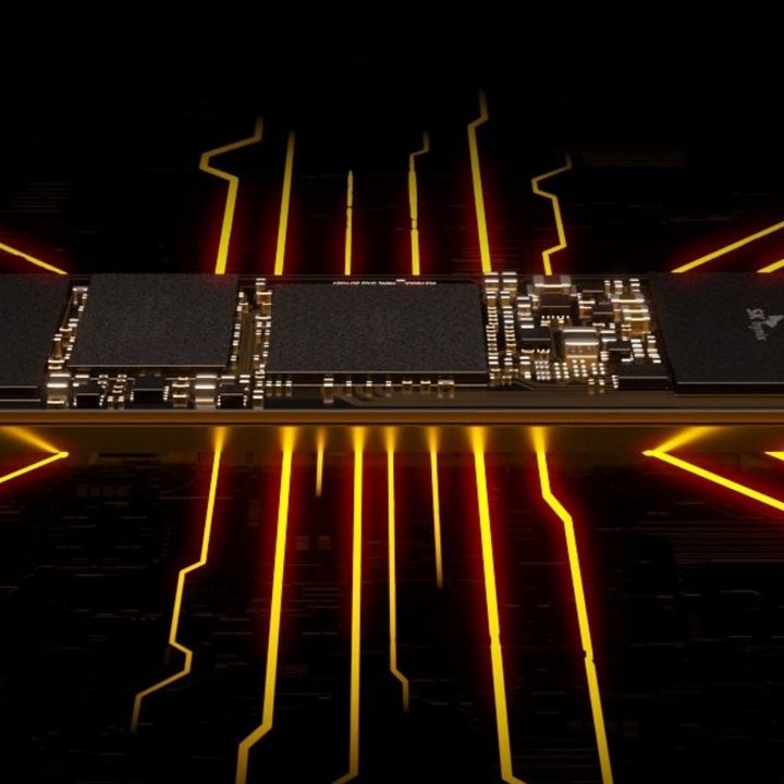 An SK Hynix SSD over a dark and orange background.