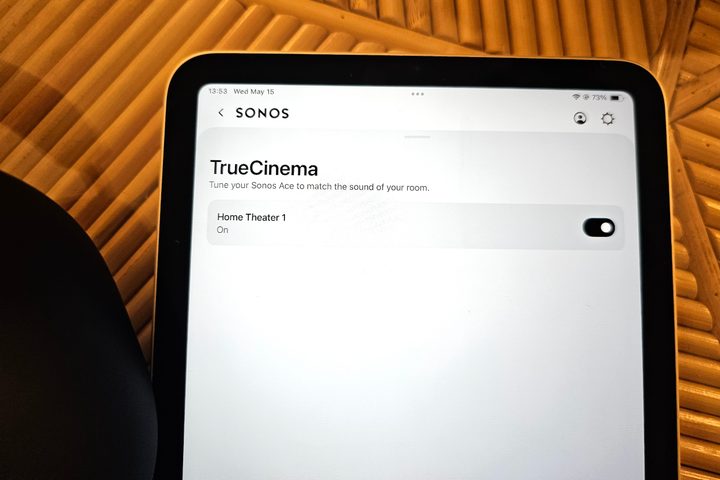 Apple iPad running the Sonos app showing the Ace's TrueCinema setting.