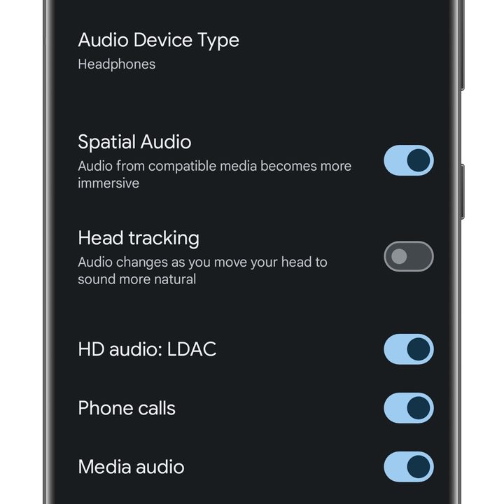 Android spatial audio settings.