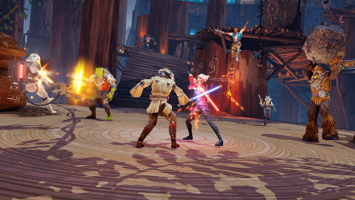 Two characters wilding lightsabers clash in Star Wars: Hunters.