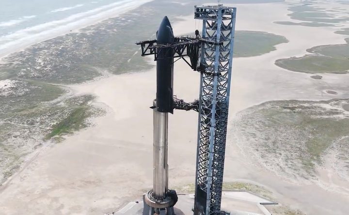SpaceX's Starship rocket being stacked for its fourth test flight.