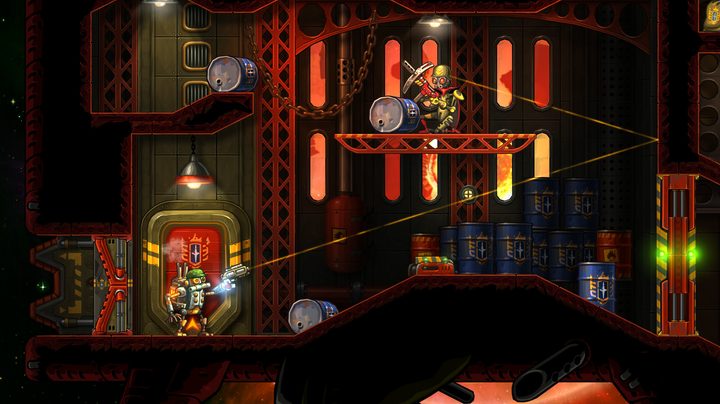 A robot aims at an enemy in Steamworld Heist 2.