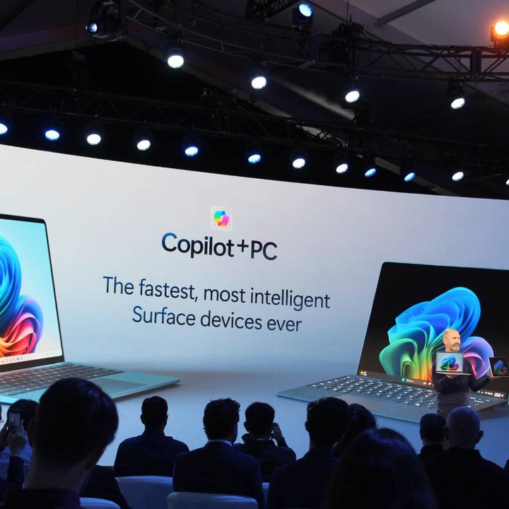 The Copilot+ Surface Laptop and Surface Pro being shown off on stage.