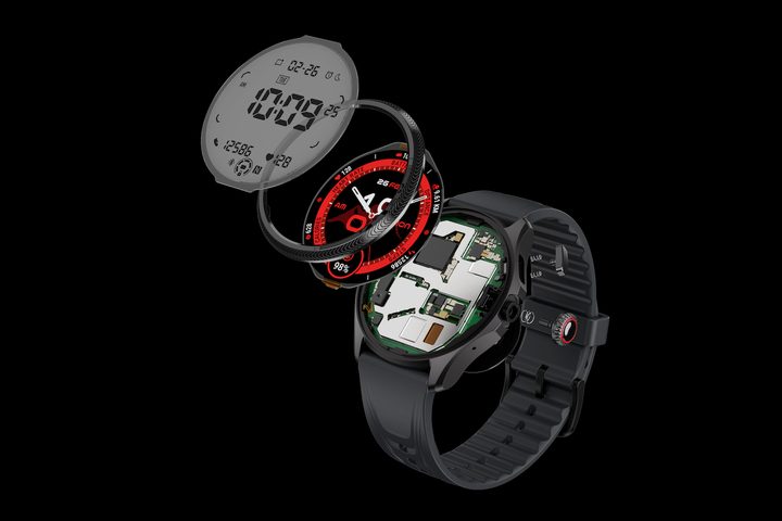 Exploded view of the Mobvoi TicWatch Pro 5 Enduro's screen technology.