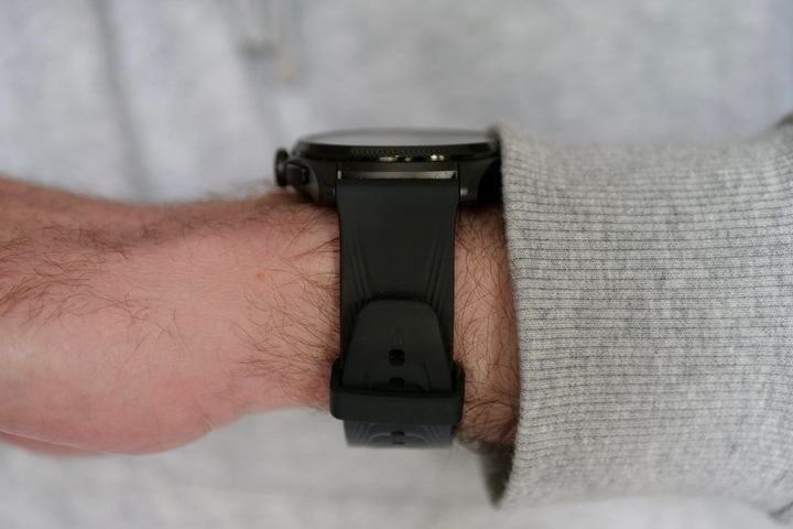 A person wearing the Mobvoi TicWatch Pro 5 Enduro, seen from the side.