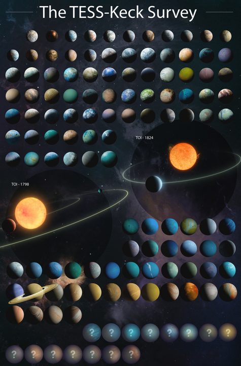 Artist conception of 126 planets in the latest TESS-Keck Survey catalog is based on data including planet radius, mass, density, and temperature. Question marks represent planets requiring more data for full characterization.