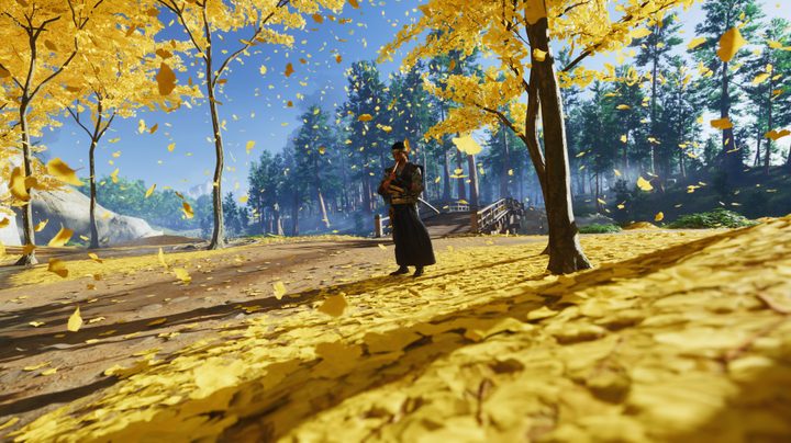 Jin playing a flute in Ghost of Tsushima.