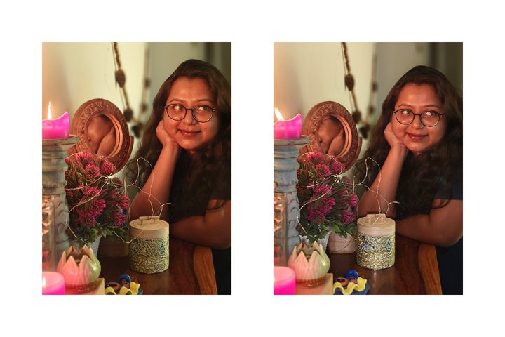Comparison between pictures of a woman taken in dim indoor light without and with Vivo 30 Pro's Aura fill light flash.