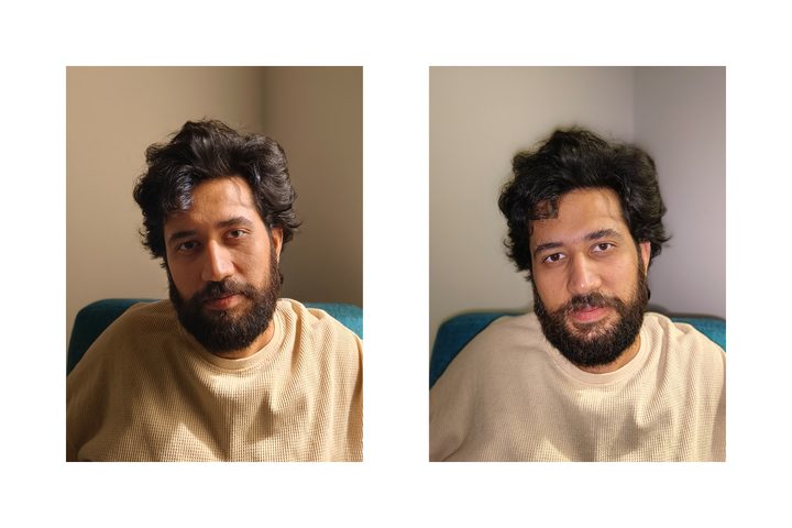 Comparison between pictures of a man taken in dim indoor lighting without and with Vivo 30 Pro's Aura fill light flash.