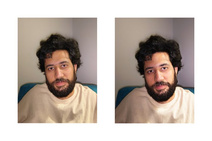 Comparison between pictures of a man taken in dim indoor lighting with Vivo 30 Pro's Aura fill light flash.