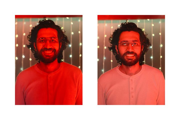 Comparison between pictures of a man taken in dim red light without and with Vivo 30 Pro's Aura fill light flash.