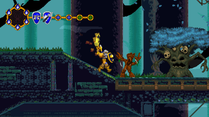 A viking slashes a tree in Volgarr the Viking 2.