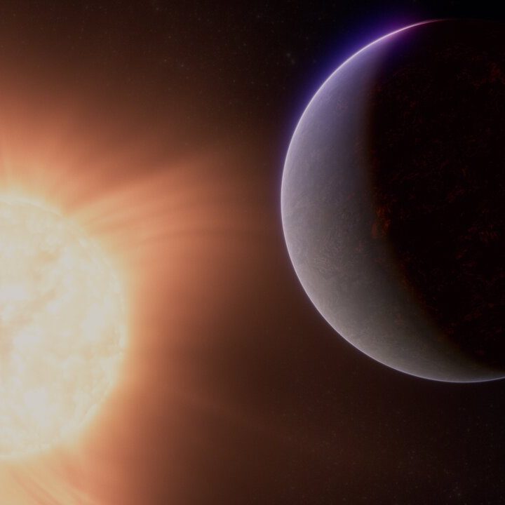 This artist’s concept shows what the exoplanet 55 Cancri e could look like. Also called Janssen, 55 Cancri e is a so-called super-Earth, a rocky planet significantly larger than Earth but smaller than Neptune, which orbits its star at a distance of only 2.25 million kilometres (0.015 astronomical units), completing one full orbit in less than 18 hours. In comparison, Mercury is 25 times farther from the Sun than 55 Cancri e is from its star. The system, which also includes four large gas-giant planets, is located about 41 light-years from Earth, in the constellation Cancer.