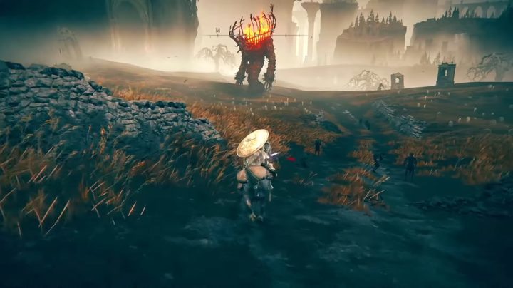 A rider approaching a flame golem Shadow of the Erdtree.