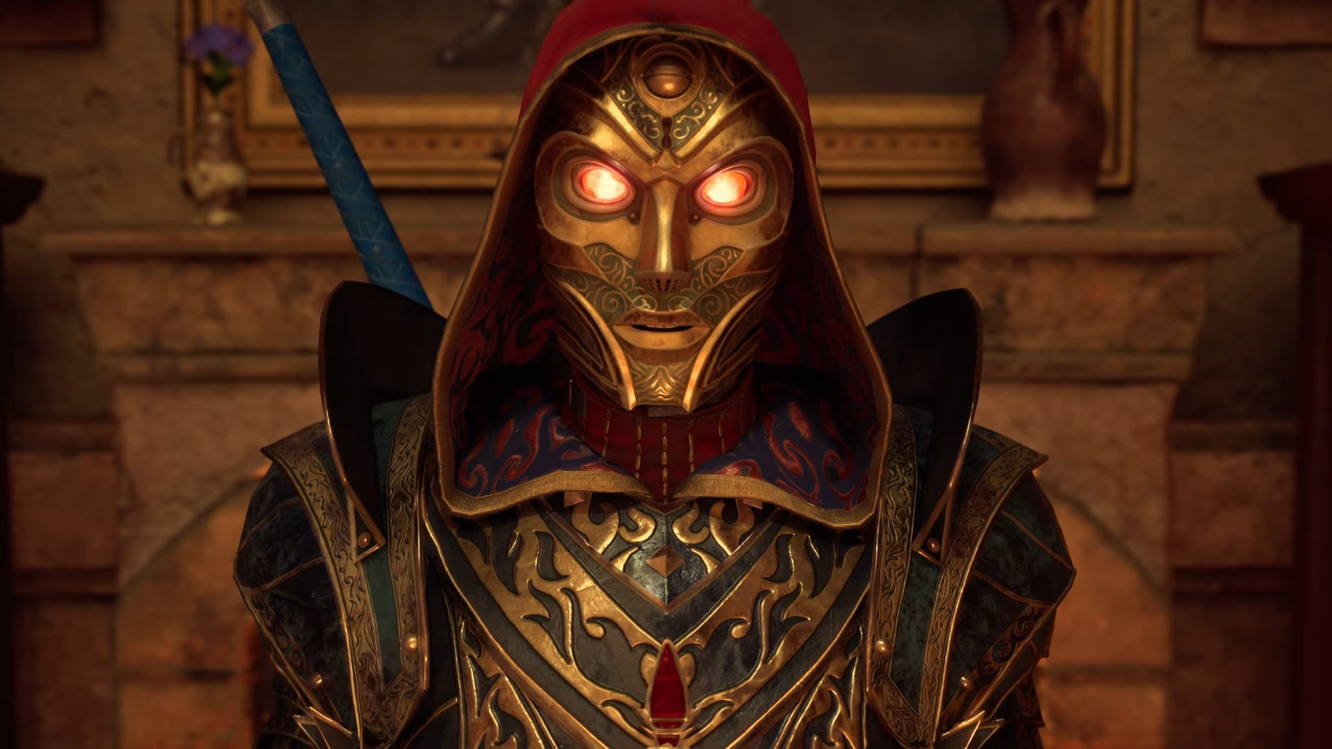 A masked figure in Avowed. The mask looks like it's made of gold, it has glowing red eyes, and there's a hood over its head.
