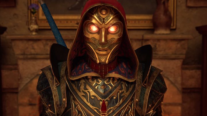 A masked figure in Avowed. The mask looks like it's made of gold, it has glowing red eyes, and there's a hood over its head.