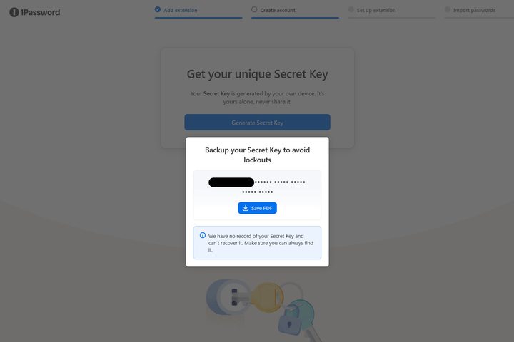 1Password's Secret Key acts as a second, more secure authentication factor to protect passwords.