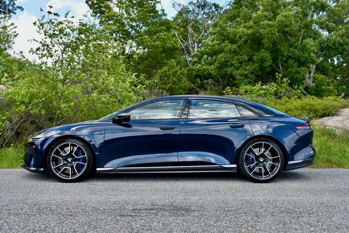 Profile view of a blue 2024 Lucid Air Sapphire.