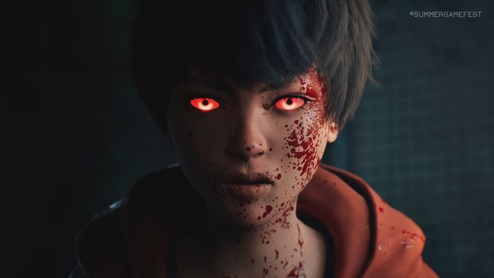 A red eyed girl with blood on her face.