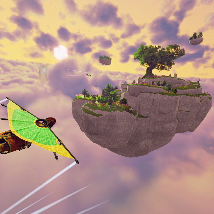 Person flying on green glider toward floating island in cloudy sky