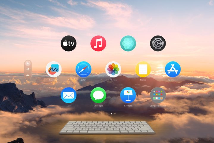 An Apple keyboard appears to flot in a Vision Pro immersive environment.