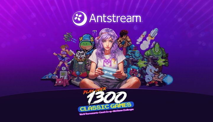 Text that says Antstream at the top. There's a girl holding an old cartridge sitting cross legged with a number of retro-looking characters around her.