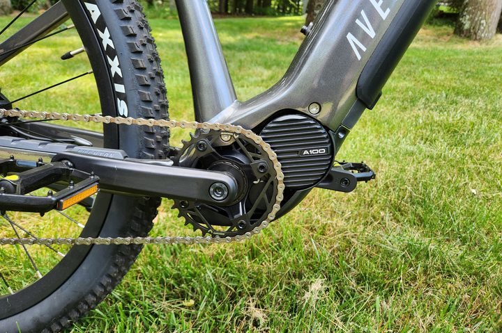 Aventon Ramblas eMTB right profile showing the Aventon A100 mid-drive motor and SRAM crank.