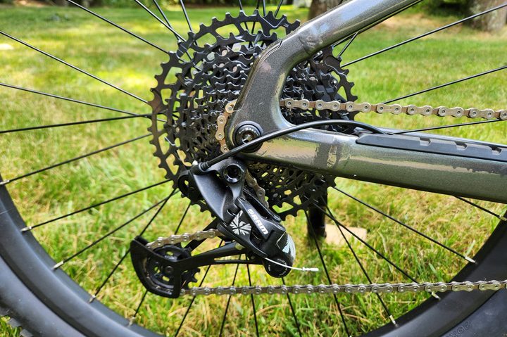 Aventon Ramblas eMTB right profile showing the Aventon SRAM derailleur and 12-speed gear cassette.