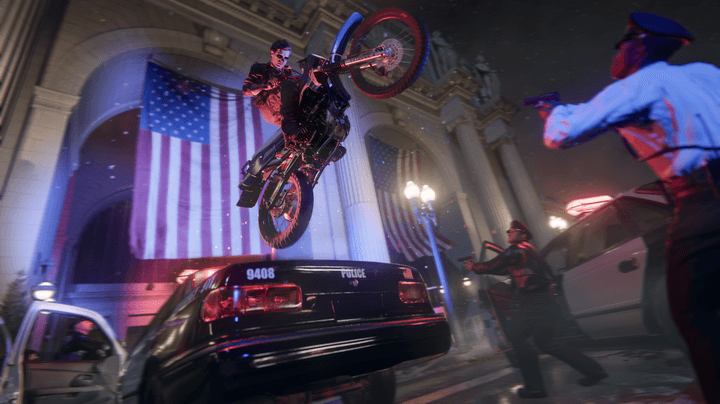 A motorcycle jumps over a car in Call of Duty: Black Ops 6.