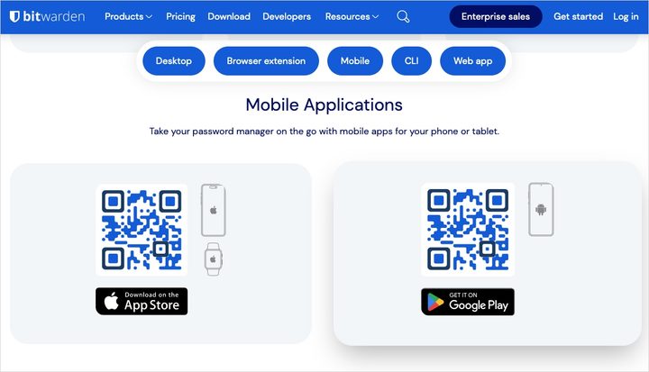 Bitwarden mobile options webpage.