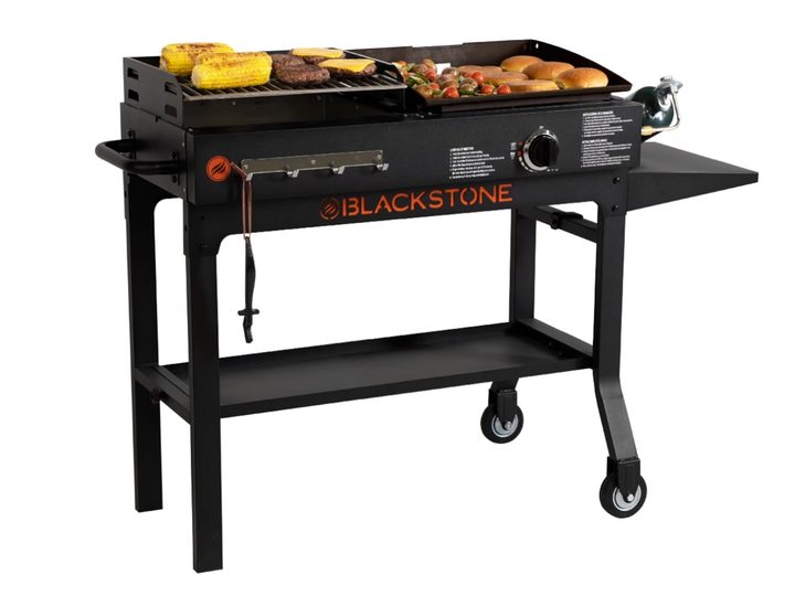 The Blackstone Duo propane griddle and charcoal grill combo on a white background.