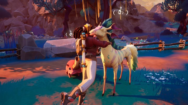 The player hugs a horse-like creature in Creatures of Ava.
