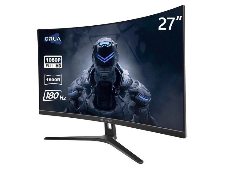 The Crua CR270C curved gaming monitor on a white background, with a futuristic soldier on the screen.