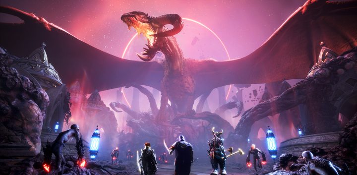 Knights below a giant dragon in Dragon Age: The Veilguard.
