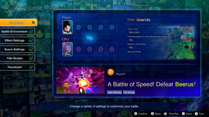 The menu for Custom Battle mode in Dragon Ball: Sparking! Zero.