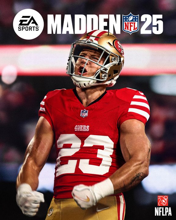 Christian Mccaffrey flexes his armed under a Madden NFL 25 logo in a football stadium.