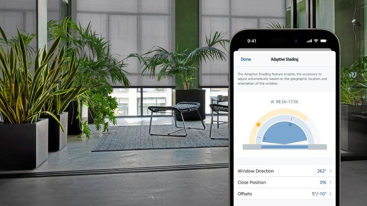 The Eve app in front of smart blinds.