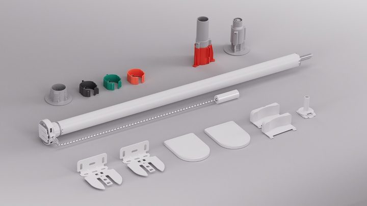 All the pieces of the Eve MotionBlinds Upgrade Kit on a grey surface.