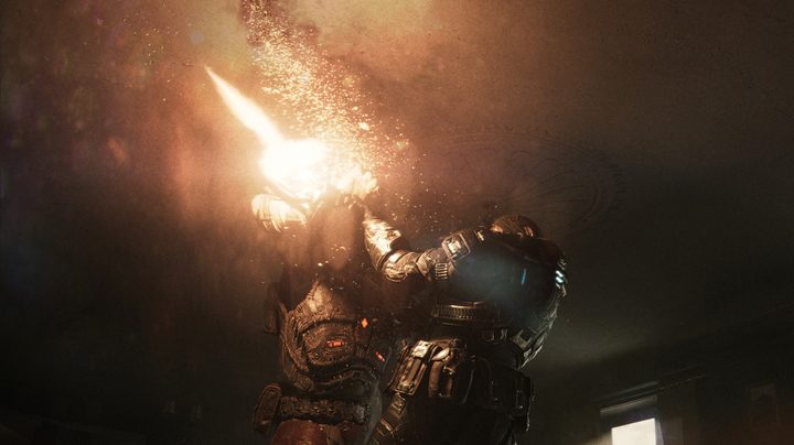 Two people wrestle over a weapon in Gears of War: E-Day.