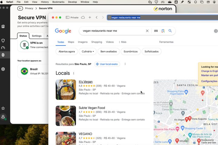 I tested the Norton VPN with a Google search for vegn restaurants near me.