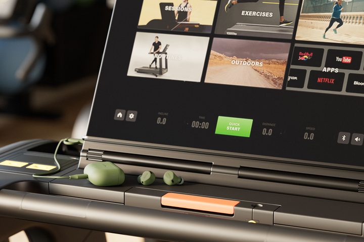 Jabra Elite 8 Active Gen 2 connected to a treadmill.