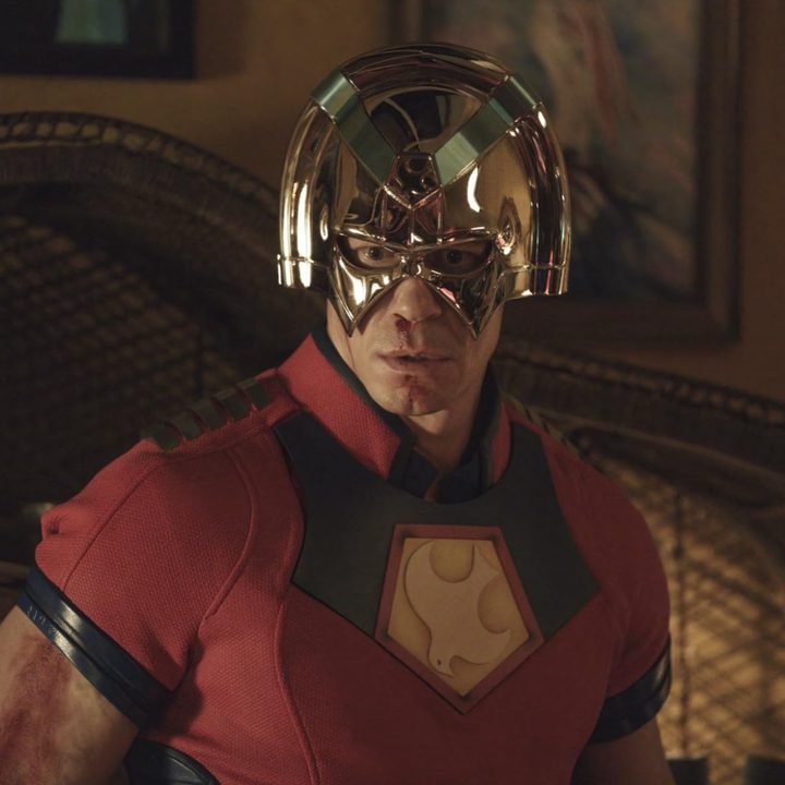 John Cena wearing a silver helmet in "Peacemaker."