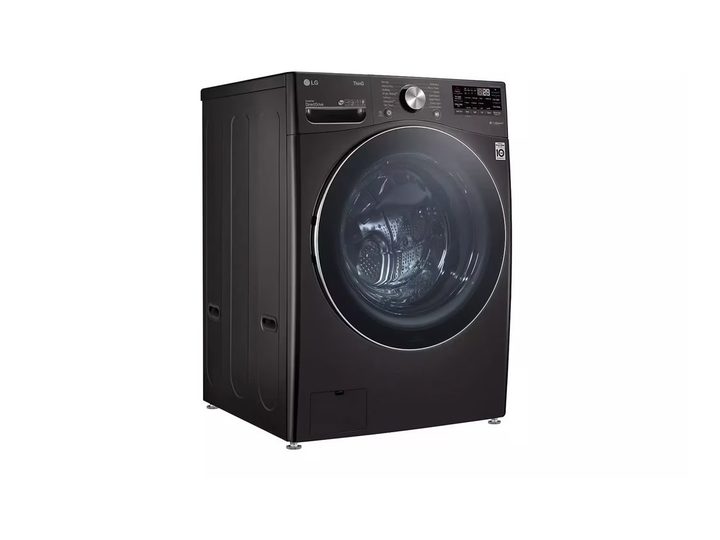 A frontal side view of the 5.0 cu. ft. Mega Capacity Smart wi-fi Enabled Front Load Washer.
