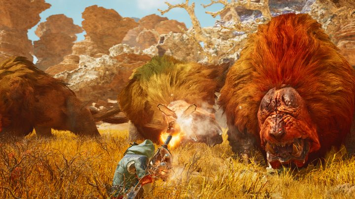 The player shoots a gun at the monsters in Monster Hunter Wilds.