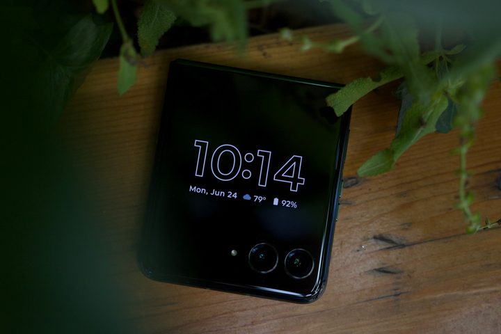 The Motorola Razr Plus 2024 with the always-on display enabled on the cover screen.