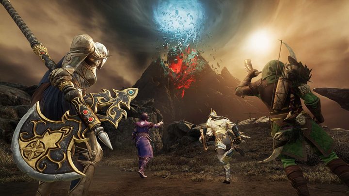 Players rushing toward a mountain in New World: Aeternum.