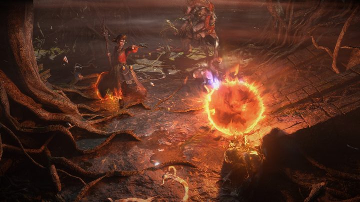 Woman in robe and staff in Path of Exile 2 casting fire spell