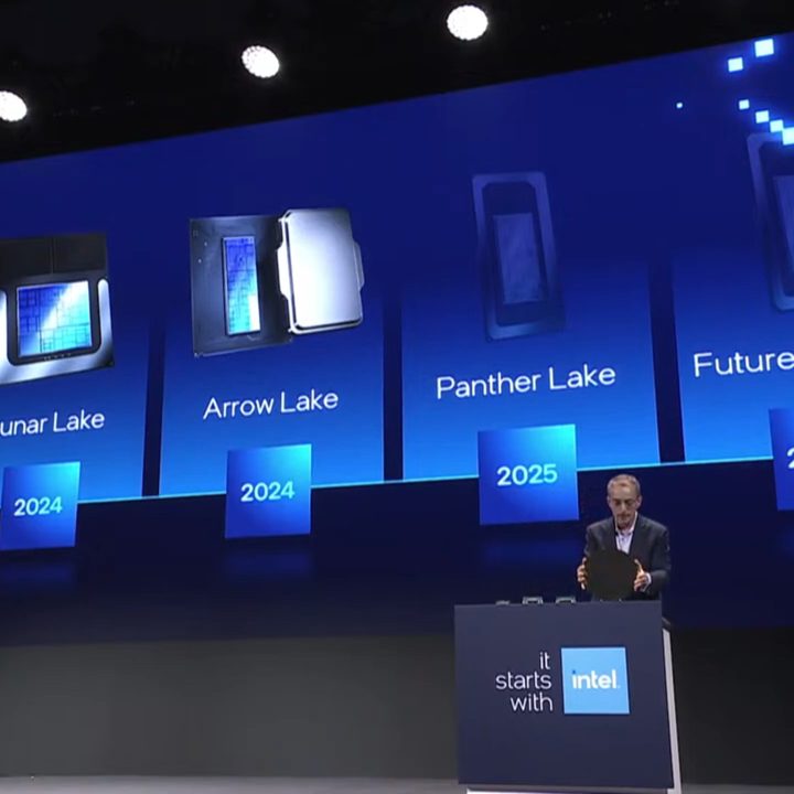 Intel CEO Pat Gelsinger presents Intel's roadmap including Arrow Lake, Lunar Lake, and Panther Lake.